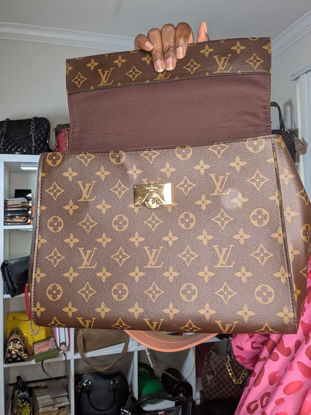 Louis Vuitton Clunny Brown Monogram Canvas Satchel with Pink-Tan Strap